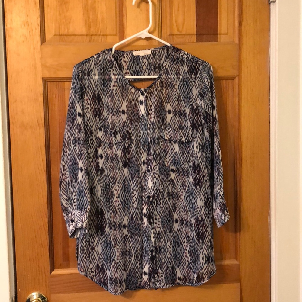 Sheer 3/4 sleeve button up with open back blouse